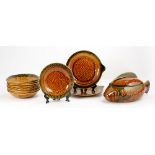 (lot of 13) Sarreguemines majolica fish set, consisting of (10) shallow bowls, 8"dia, (2) plates,