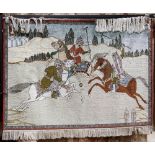 Turkish part silk pictorial carpet depicting a polo game, 2'10" w x 4' l