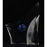 Art glass sculpture, having an abstract geometric form decorated with a moon and earth, 12"h