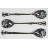 (lot of 3) Russian silver and shaded enamel decorative demitasse spoons, each 84 standard, and