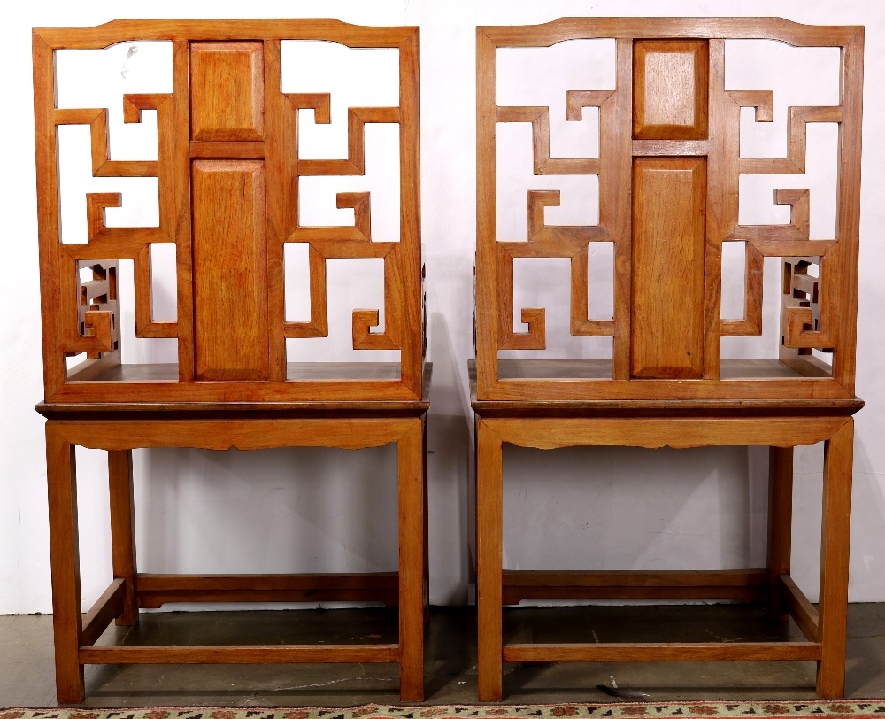 Pair of Chinese wooden armchairs, the back inset with pink marble plaque accented by an openwork - Image 3 of 5