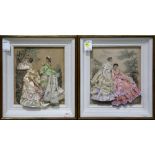 (lot of 3) Framed French fashion prints, with three dimensional embellishment, each having applied