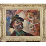 Julian Ritter (American, 1909-2000), Clowns with Unbrellas, oil on board, signed lower right,