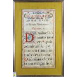 "Dnca Trinitatis," vellum illuminated manuscript page, 20th century, latin writing, overall (with