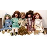 (lot of 5) German porcelain Bisque head dolls, each with sleepy eyes, open mouth with visible teeth,