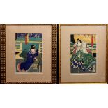 (lot of 2) Toyohara Kunichika (Japanese,1835-1900), 19th century, Kabuki woodblock prints: one