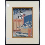 (lot of 3) Utagawa Toyokuni III (Japanese, 1786-1865), 19th century, woodblock prints, one depicting