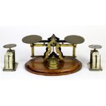 (lot of 3) Antique postal scales, one with (7) weights, largest 4" x 9"w