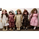 (lot of 5) German porcelain bisque head doll group, with porcelain and composite articulated bodies,