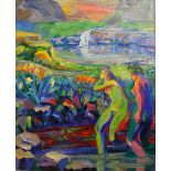 Williamson Mayo (American, 1913-1993), "Untitled (Nude Women Bathing Near Waterfall)," 1982, oil on