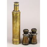 (lot of 2) Telescope and binoculars, consisting of an antique brass telescope, extending from 11.5"l