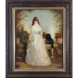 European School (19th century), Girl and Dog on Balcony, oil on canvas, unsigned, overall (with