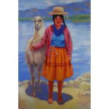 Donna Terry (American, 20th century), Girl with Llama, acrylic on canvas, signed lower right,