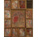 Family Story, mixed media on wood panels, signed in cyrillic verso, 20th century, overall (with