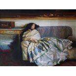 European School (20th century), Reclining Woman in Gown, oil on canvas, unsigned, overall (uframed):