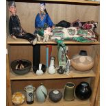 (lot of 4) One shelf of Southeast Asian puppets, each in various attire, largest: 22"h