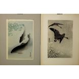 Ohara Koson (Japanese, 1877-1945), 'Black Koi' and 'Wild Geese', woodblock prints, both signed and