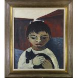 Victor Manuel Cancino (Mexican, b. 1929), "Child with Cat," oil on canvas board, signed lower right,