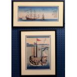 (lot of 2) Japanese woodblock prints, 19th century, one depicting a Dutch ship, the other a