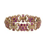 Ruby, diamond and 14k yellow gold bracelet