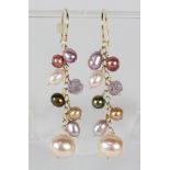 Freshwater cultured pearl, amethyst and 14k yellow gold earrings featuring (14) freshwater