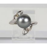 Cultured pearl, diamond and 14k white gold ring centering (1) grey cultured pearl, measuring