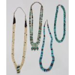 (Lot of 4) Multi-stone bead and silver necklaces comprised of one shell, horn, coral, agate,