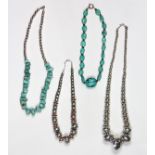 (Lot of 4) Turquoise, spiny oyster and silver bead necklaces comprised of one spiny oyster, embossed