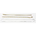 (Lot of 3) Gold chains comprised of one 18k white and yellow gold, 7 inch bracelet; one 18k yellow