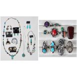 Multi-stone, plastic, silver, metal and gold-filled jewelry comprised of one amethyst, quartz,