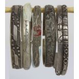 (Lot of 5) Chinese silver bracelets comprised of one 8.0 mm, dragon silver cuff (studio marked