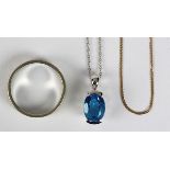 (Lot of 3) Blue topaz and gold jewelry comprised of one oval-cut blue topaz and 14k white gold