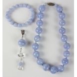 (Lot of 3) Blue lace agate, rock crystal quartz bead, and silver jewelry suite comprised of one