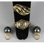 (Lot of 3) Cultured pearl, diamond and yellow gold jewelry comprised of one ring, featuring (1)