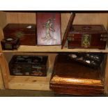 (lot of 8) Two shelves of Chinese and Japanese lacquered boxes, and two stone overlaid panels, 16.