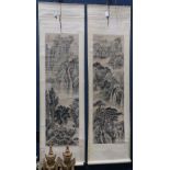 (lot of 2) Manner of Dong Qichang (Chinese, 1555-1636), Landscape, ink and color on paper, both