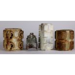 (lot of 4) Chinese hardstone archaistic carvings, including three cong of different sizes and