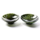 (lot of 2) Chinese spinach jade small shallow cups, of conical form raised on low support, 2.4" w