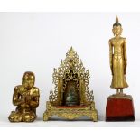 (lot of 3) Southeast Asian gilt wood sculptures, consisting of a small altar with a flaming mandorla