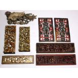 (lot of 8) Group of Chinese wooden architectural fragments, carved with birds-and-flowers, figures