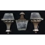 (lot of 3) Modern custom stained oak and chrome wall sconces, each having two lights, 18"h