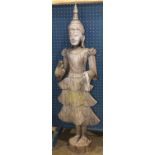 (lot of 2) Thai Buddhist wood sculptures, each of the bodhisattva standing on a lotus pedestal, 45"