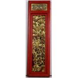 Chinese gilt and red lacquered wood panel, carved with a battle scene in front of the city wall,