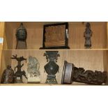 (lot of 8) Two shelves of Southeast Asian decorative items, including Thai bronze Buddha head,