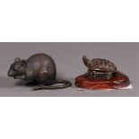 (lot of 2) Japanese bronze miniature okimono: a rat and a turtle with a wood base, largest: 2.2"l