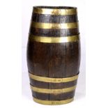 Antique brass banded wood barrel form umbrella holder, in the form of a stylized wine barrel with