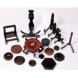 Box of Chinese wood stands, of various sizes and style, including plate stands and bases, largest: