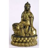 Chinese gilt bronze Manjusri sculpture, with the bodhisattva seated in royal ease on the back of a