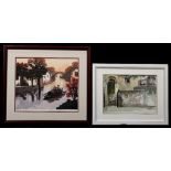 (lot of 3) Asian works of art: first, Lin Qing (Chinese), Autumn Charm, woodblock print, numbered