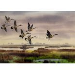 Jade Fon (American, 1911-1983), Geese in Flight, watercolor, signed lower left, sight: 14.5"h x 20.